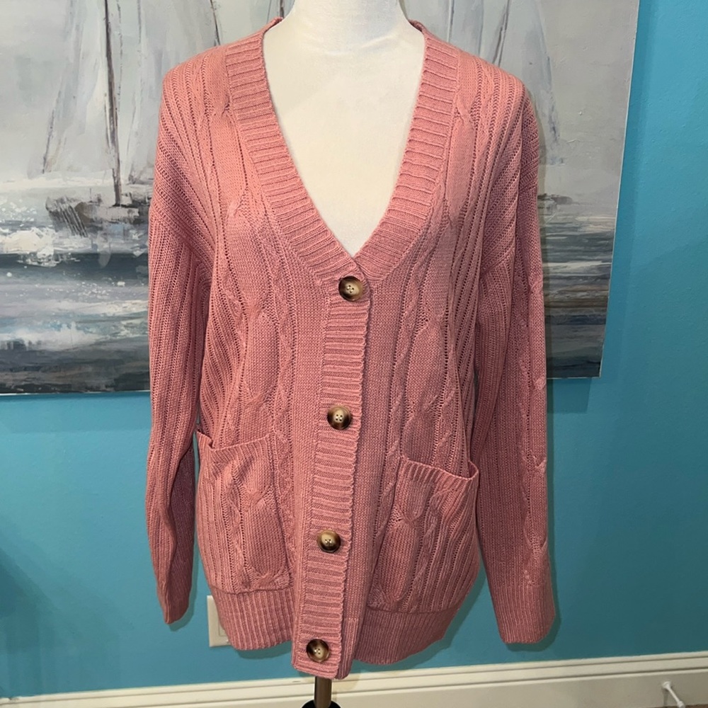 Pink Button Front Cardigan Sweater, Medium